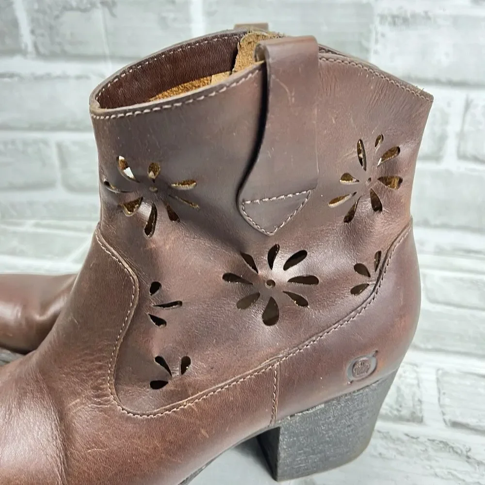 Born Ivy Women's Size 9 Brown Full Grain Leather Laser Cut Western Ankle Boot